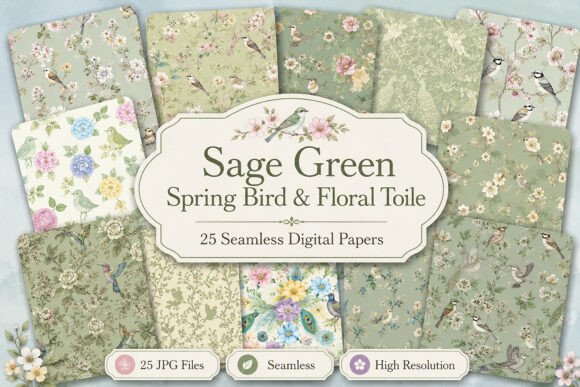 Download Sage Green Spring Bird &amp; Floral Toile - Green Collection